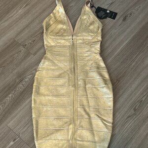 Gold Shimmer Bodycon Mini Dress - Deep V